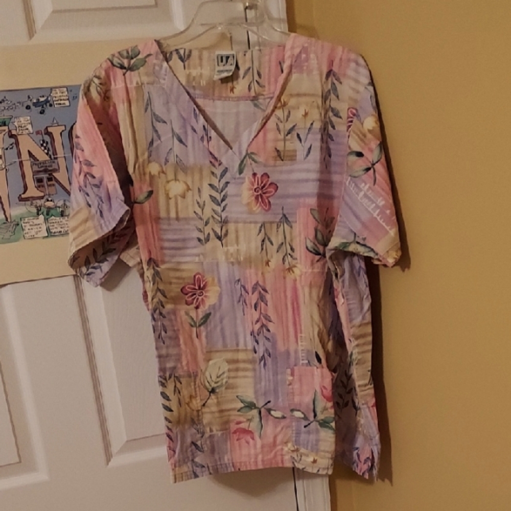 Colorful Floral V-Neck Scrub Top